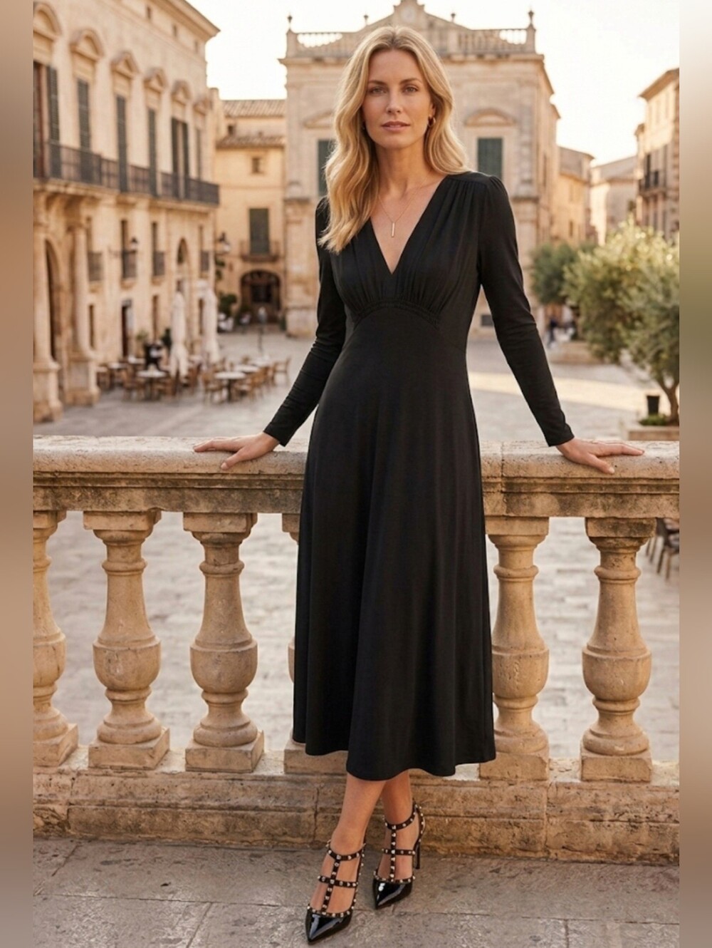 Quince NWT Tencel Jersey Black V-Neck Long Sleeve Midi Dress Size M